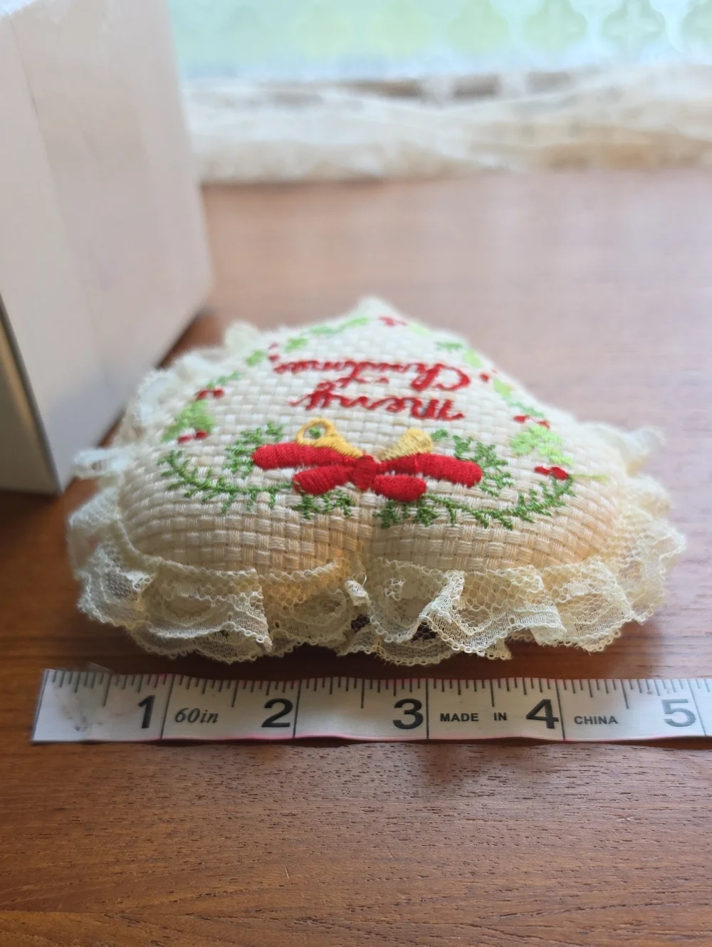 Vintaged Christmas Embroidered and Lace Heart Ornament - Handmade